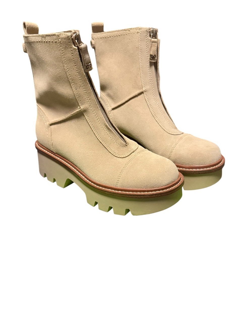 Sam Edelman Cooper Oat Beige Suede Front-Zip Chunky Lug Boots